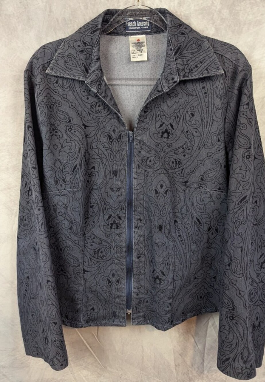 VTG French Dressing Jeanswear Charcoal Gray Paisley Zip Denim Jacket Sz 12
